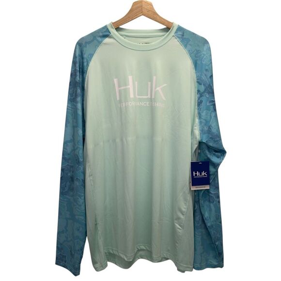 Huk NEW Men's XL Current Camo Double Header Blue/Green Long Sleeve Fishing Shirt - Picture 1 of 6